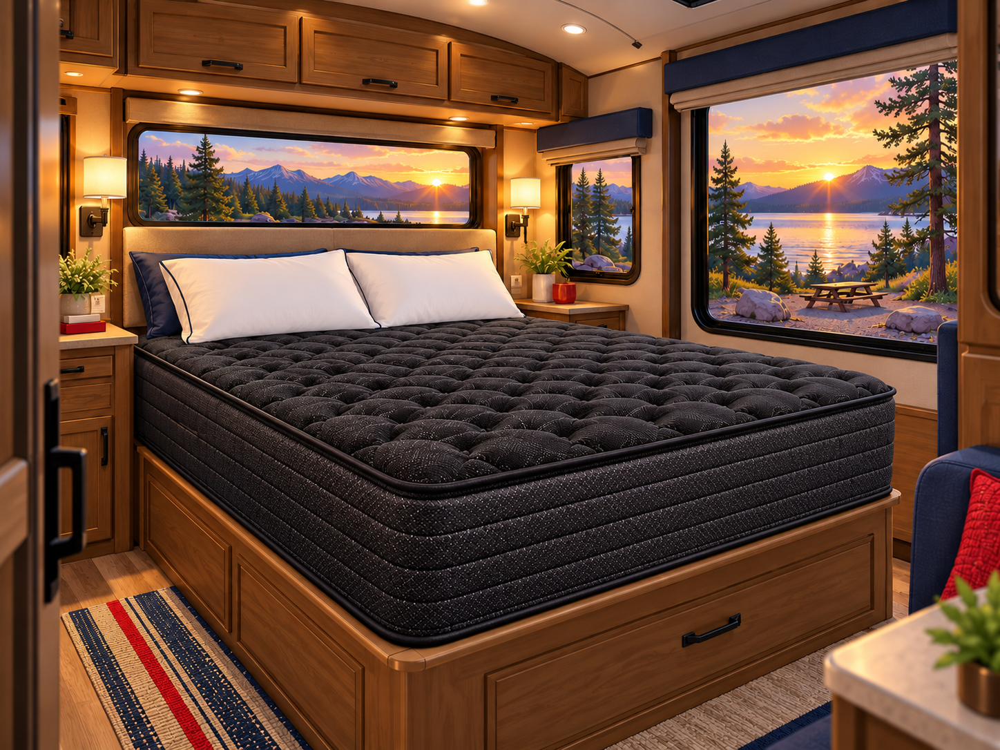 Nightfall mattress in a cozy RV bedroom overlooking a lake at sunset