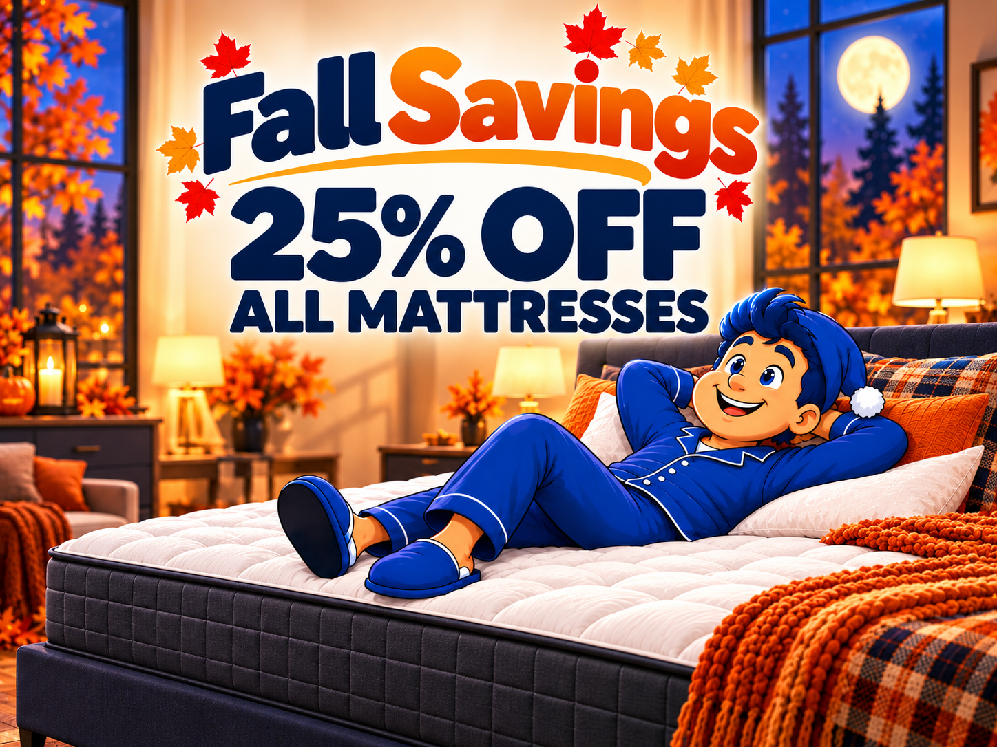 Sleepy Joe relaxing on a mattress during the Fall Savings sale: 25% off all mattresses