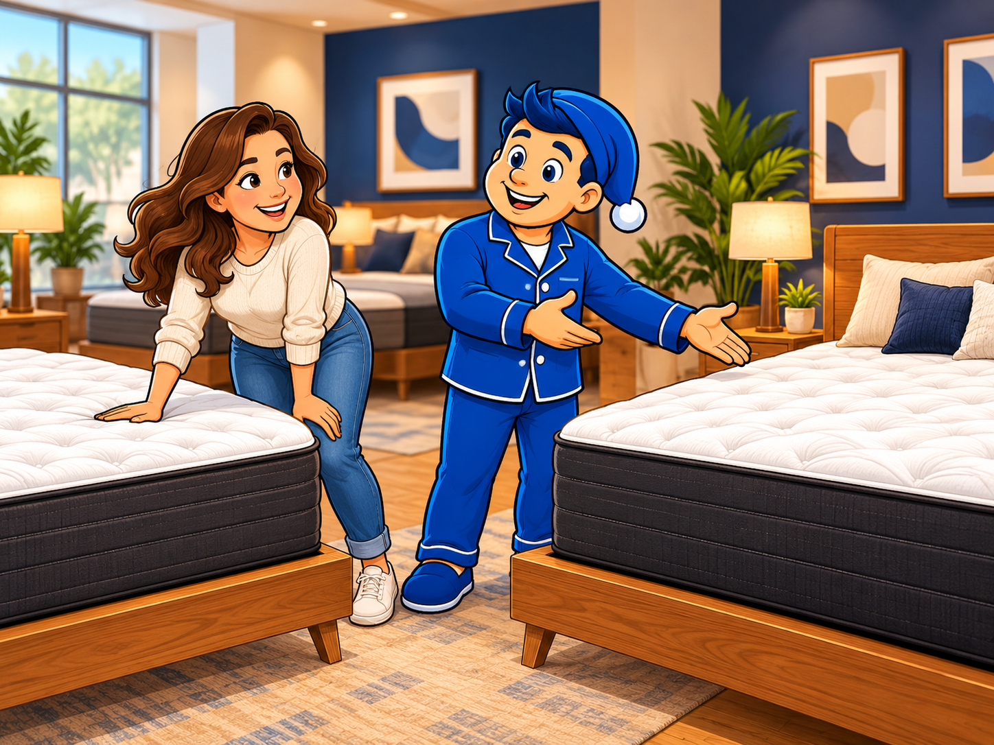 Joe helping a customer choose between mattresses in a cozy showroom