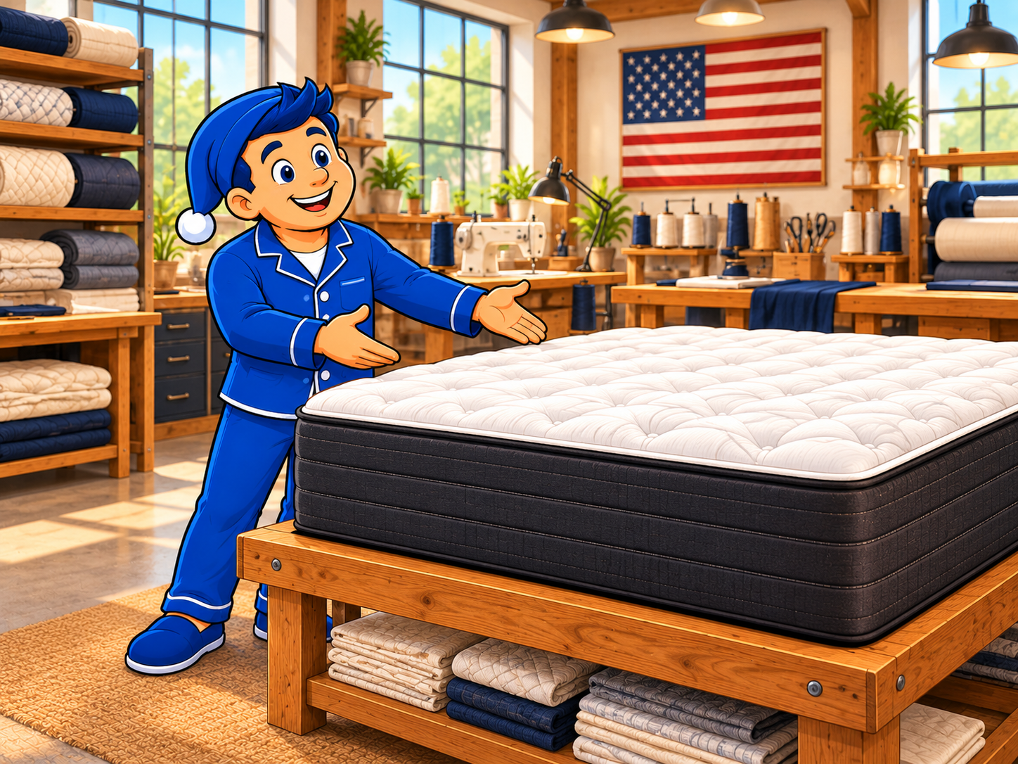 Joe beside a finished mattress in a bright American mattress workshop