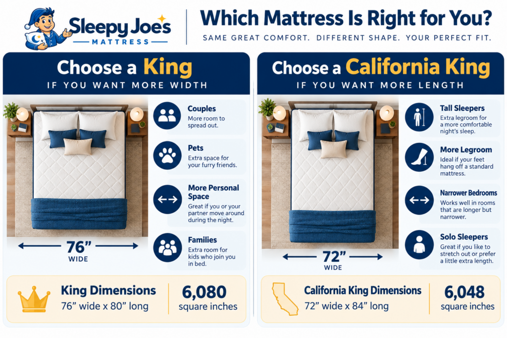 Sleepy Joe's comparison graphic helping shoppers choose a King or California King mattress