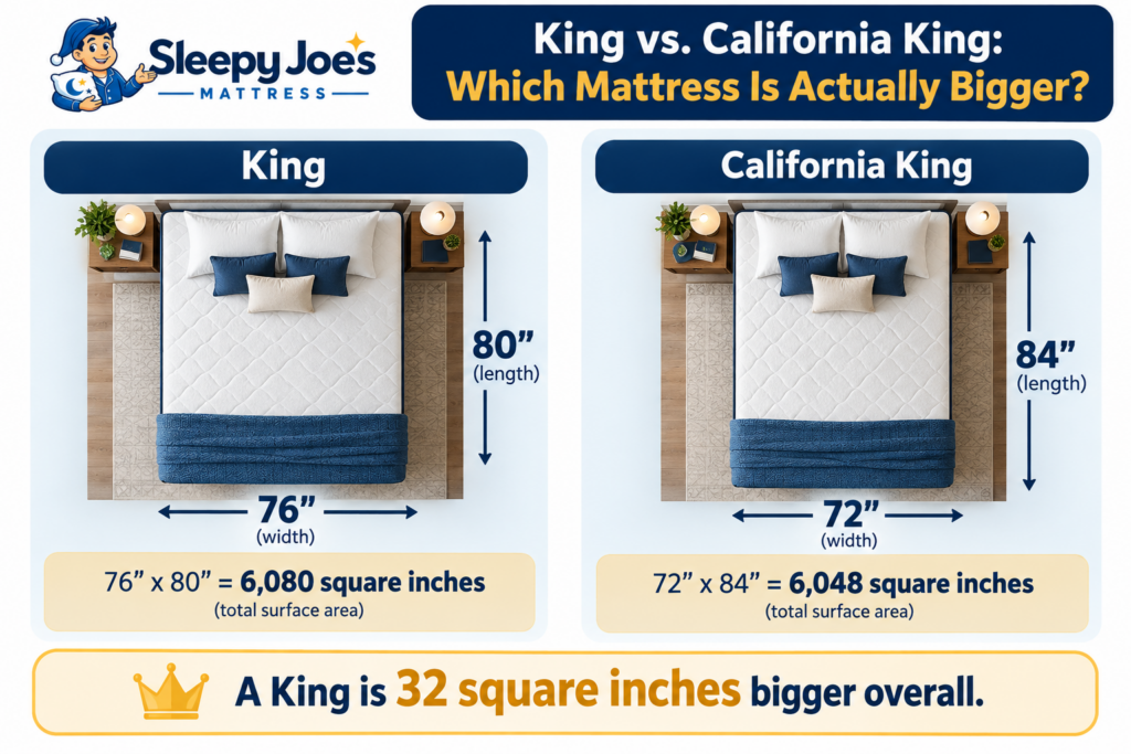 King and California King mattress comparison graphic showing their different dimensions