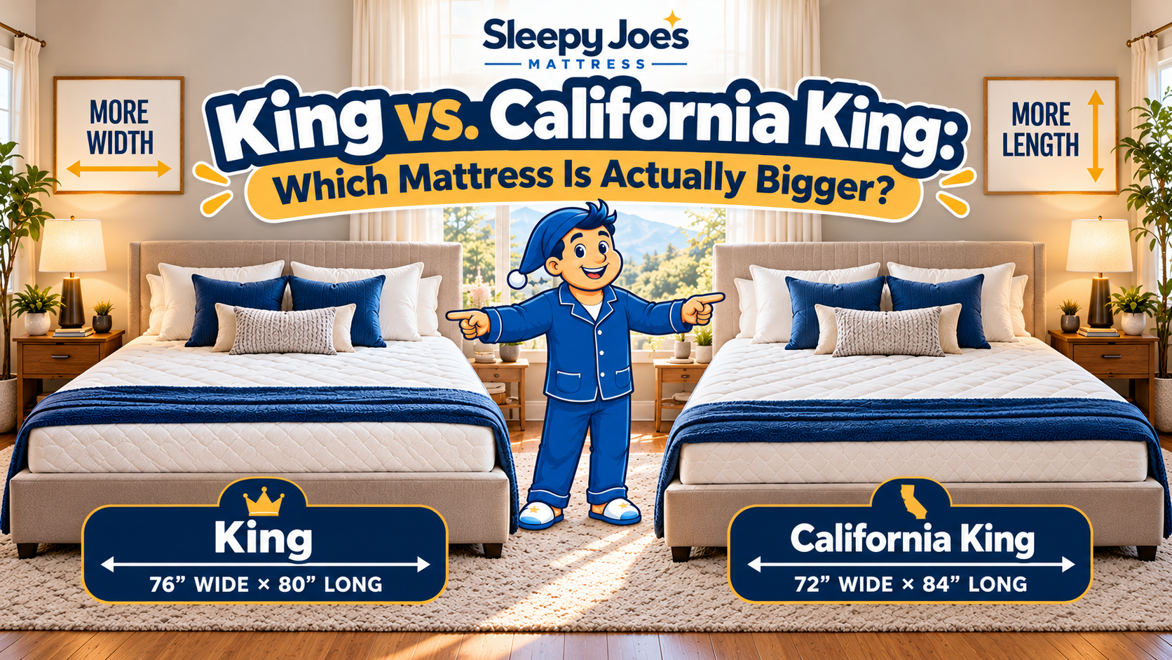King vs California King mattress size comparison featuring Joe between two beds
