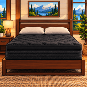 Sleepy Joe's Nightfall Jumbo Pillow Top mattress in a cozy lodge-style bedroom