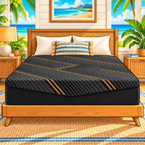 Sleepy Joe's Sandy Shore Firm mattress in a vivid beach-house bedroom