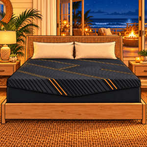 Sleepy Joe's Sandy Shore Soft mattress in a vivid moonlit beach-house bedroom