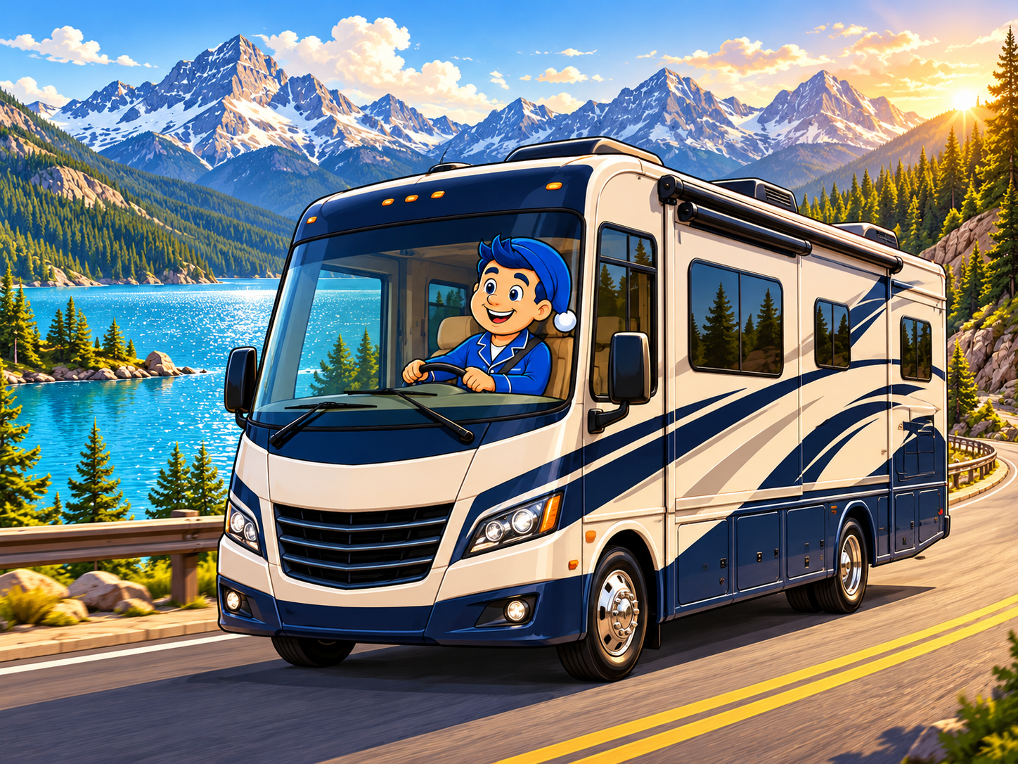 Joe driving an RV through the mountains beside a sparkling alpine lake