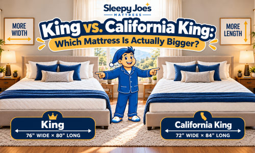 King vs California King mattress size comparison featuring Joe between two beds